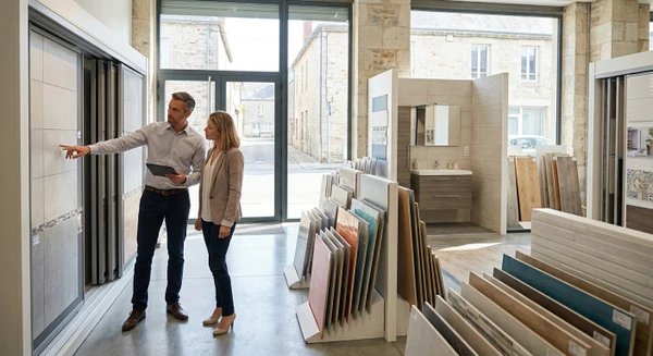 Technicien ou conseiller de Céramique Design en tenue professionnelle discutant avec un client dans le showroom de Corps-Nuds, pointant ou expliquant des échantillons de carrelage ou revêtements de sol exposés sur les présentoirs, avec des finitions de salle de bains visibles en arrière-plan. L'atmosphère doit être professionnelle, collaborative et ancrée dans l'univers des matériaux de construction et de l'aménagement intérieur.